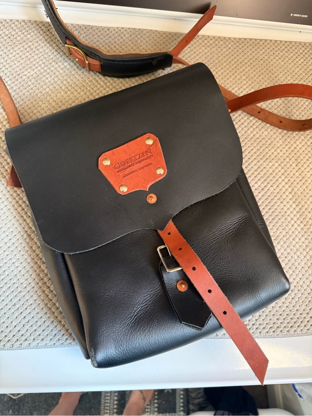 Goertzen Black Leather Backpack with Brown Strap